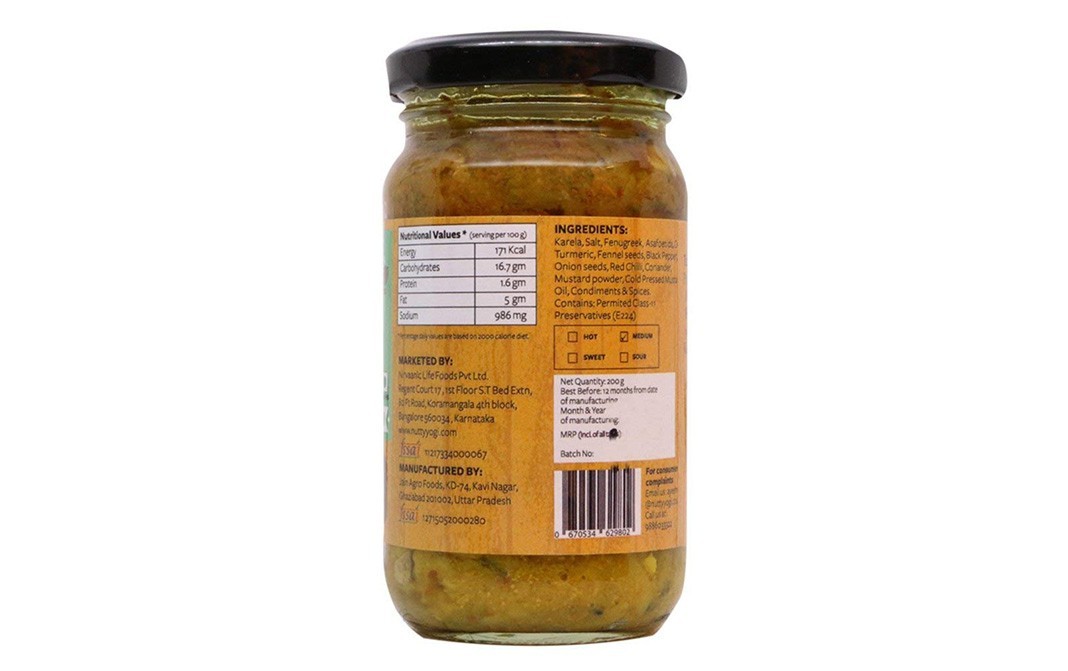 Nutty Yogi Tangy Karela Pickle    Glass Jar  200 grams